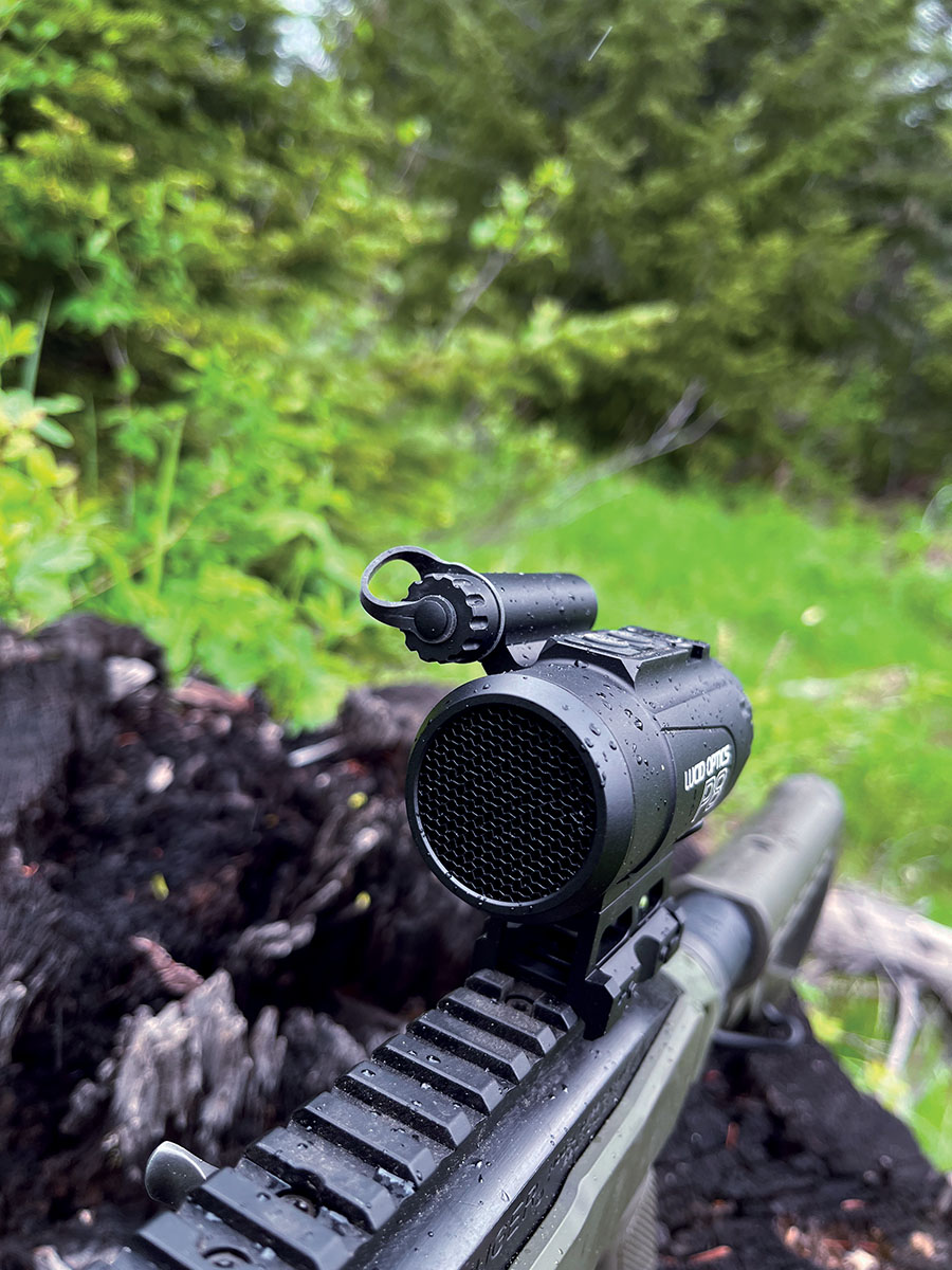 The objective lens includes threads that accept a honeycomb glare filter, which prevents lens glint, but also tames muzzle flash from larger cartridges and repels dust and moisture to some extent.